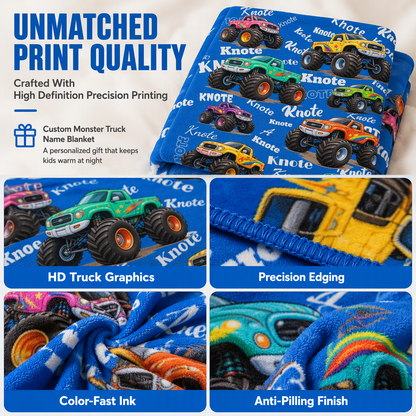 Custom Monster Truck Blanket Engraved With Child’s Name - Lovely Gift to Keep Your Child Snug