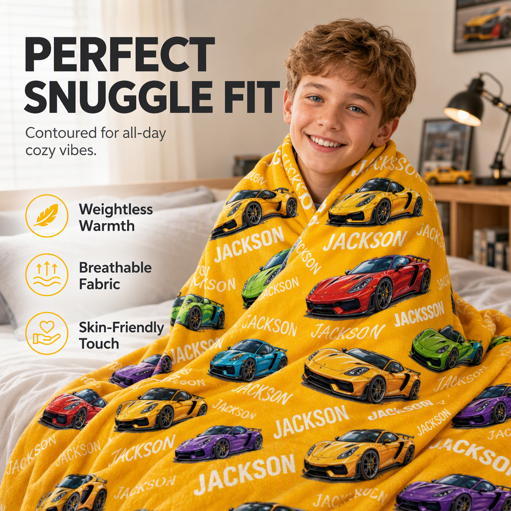 Customized sports car blanket with the child's name - a thoughtful customized gift to keep children warm at night