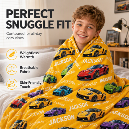 Customized sports car blanket with the child's name - a thoughtful customized gift to keep children warm at night