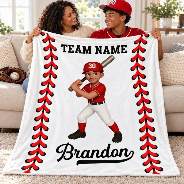 Personalized Fleece Blanket, Cartoon Baseball and Softball Player Holding a Bat, Unique Gift for Son or Daughter
