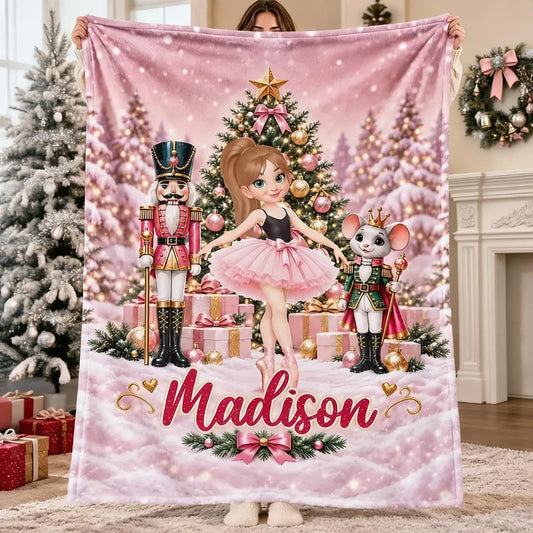 Personalized Pink Nutcracker Ballerina Fleece Blanket, Christmas Ballet Scene Design, Sweet Gift for Daughter