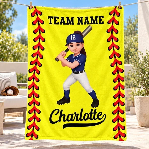 Personalized Fleece Blanket, Cartoon Baseball and Softball Player Holding a Bat, Unique Gift for Son or Daughter