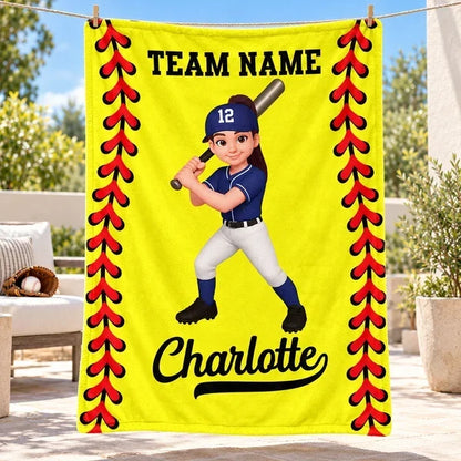 Personalized Fleece Blanket, Cartoon Baseball and Softball Player Holding a Bat, Unique Gift for Son or Daughter