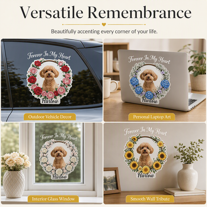 Custom Pet Memorial Sticker, Forever In My Heart Sunflower Wreath Personalized Pet Photo Decal, Custom Pet Name Vinyl Sticker for Car Window Laptop Fridge, Pet Loss Remembrance Gift for Dog Cat Owner