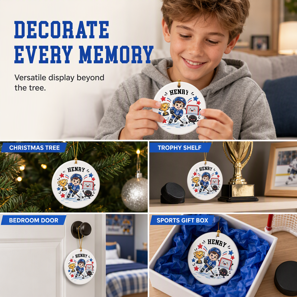 Custom Ice Hockey Christmas Ornament | Personalized Name & Jersey Number | Ceramic Hockey Player Keepsake Gift for Hockey Fans