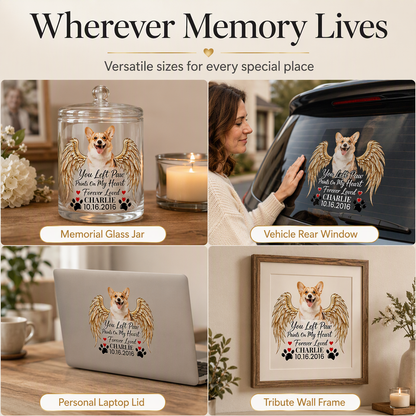 Personalized Pet Memorial Sticker, Custom Photo Angel Wing Decal, You Left Paw Prints On My Heart Forever Loved, Custom Name & Date Pet Loss Sympathy Gift for Dog Cat Owner, Waterproof Car Window Decal