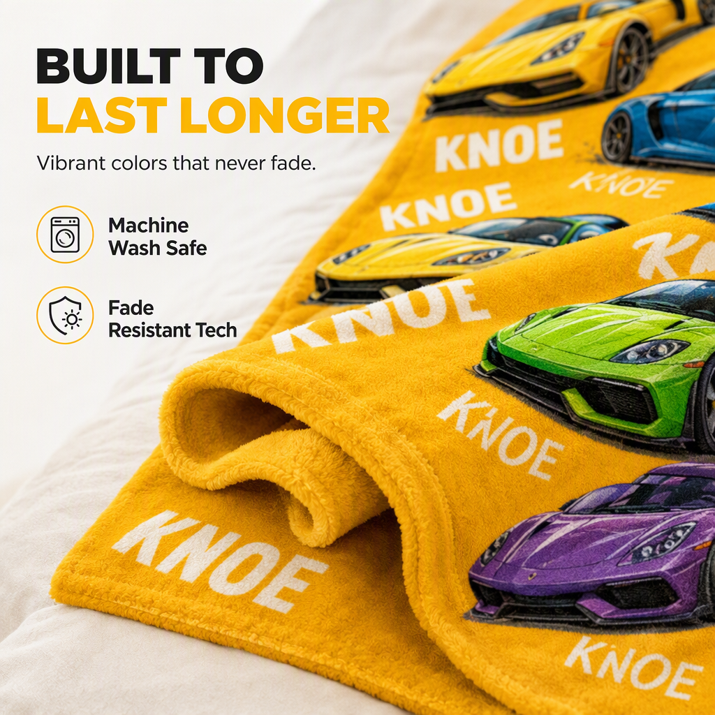 Customized sports car blanket with the child's name - a thoughtful customized gift to keep children warm at night
