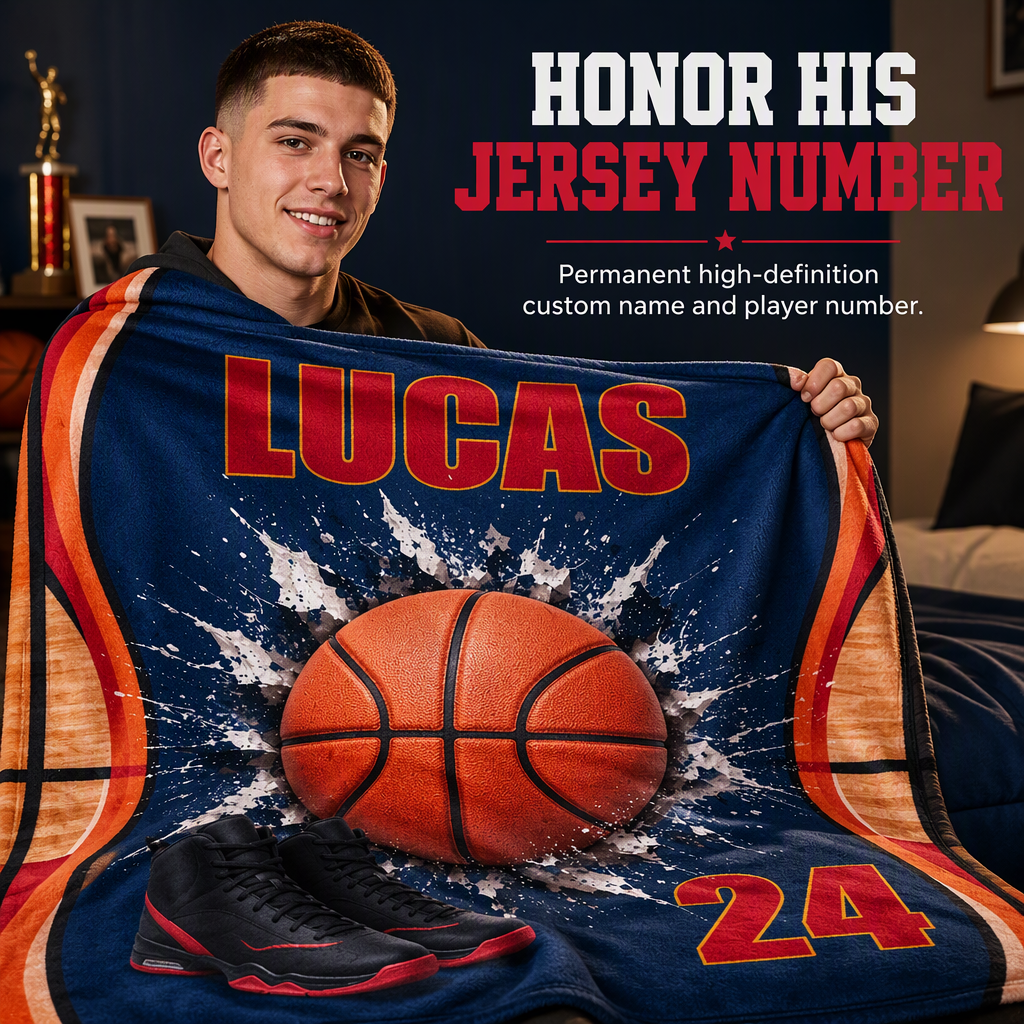 Gift for my son's graduation night as a basketball player - personalized basketball blanket and team souvenir