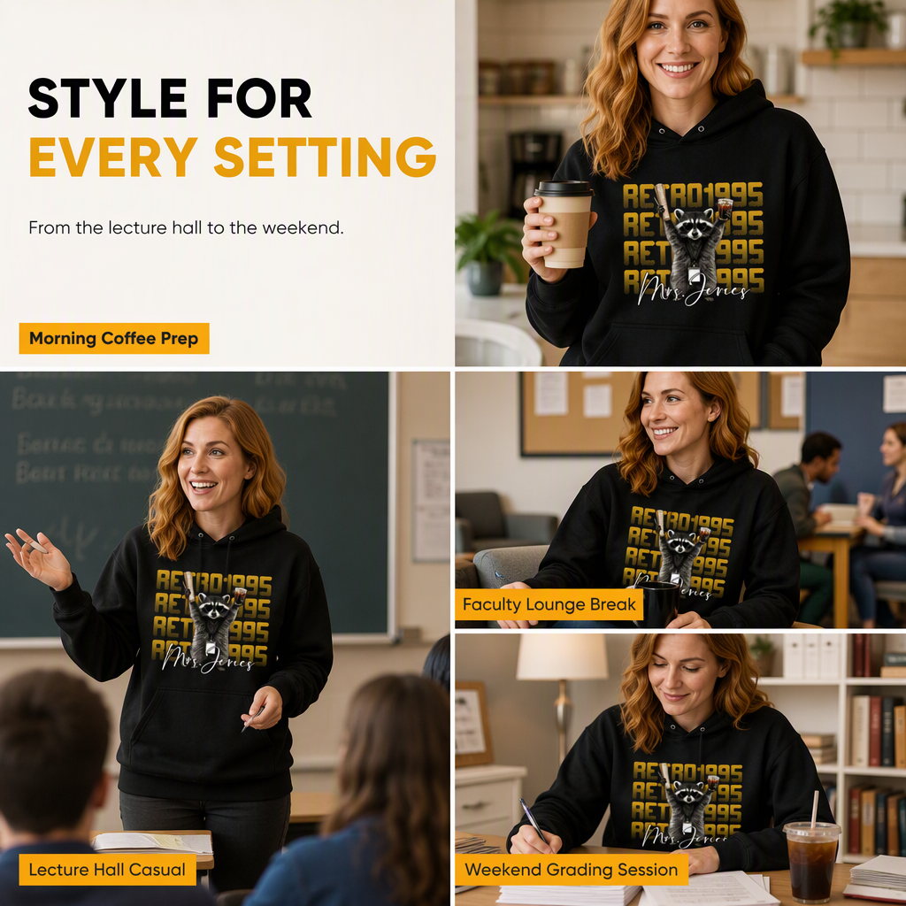 Classic hoodie, vintage raccoon holding test paper and iced coffee, teacher creative gift
