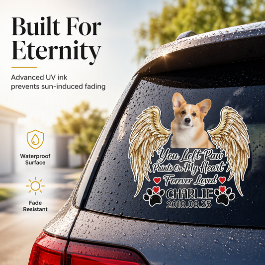 Personalized Pet Memorial Sticker, Custom Photo Angel Wing Decal, You Left Paw Prints On My Heart Forever Loved, Custom Name & Date Pet Loss Sympathy Gift for Dog Cat Owner, Waterproof Car Window Decal