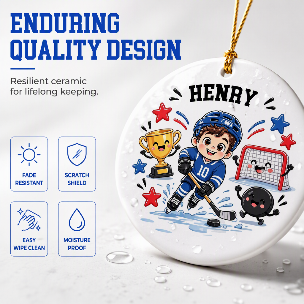 Custom Ice Hockey Christmas Ornament | Personalized Name & Jersey Number | Ceramic Hockey Player Keepsake Gift for Hockey Fans