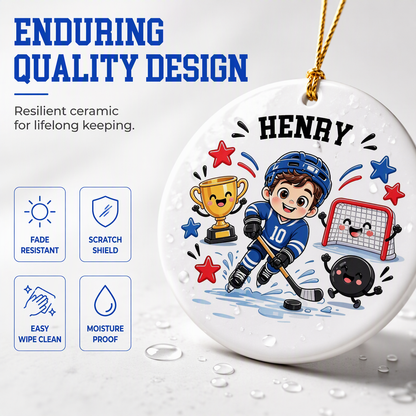 Custom Ice Hockey Christmas Ornament | Personalized Name & Jersey Number | Ceramic Hockey Player Keepsake Gift for Hockey Fans
