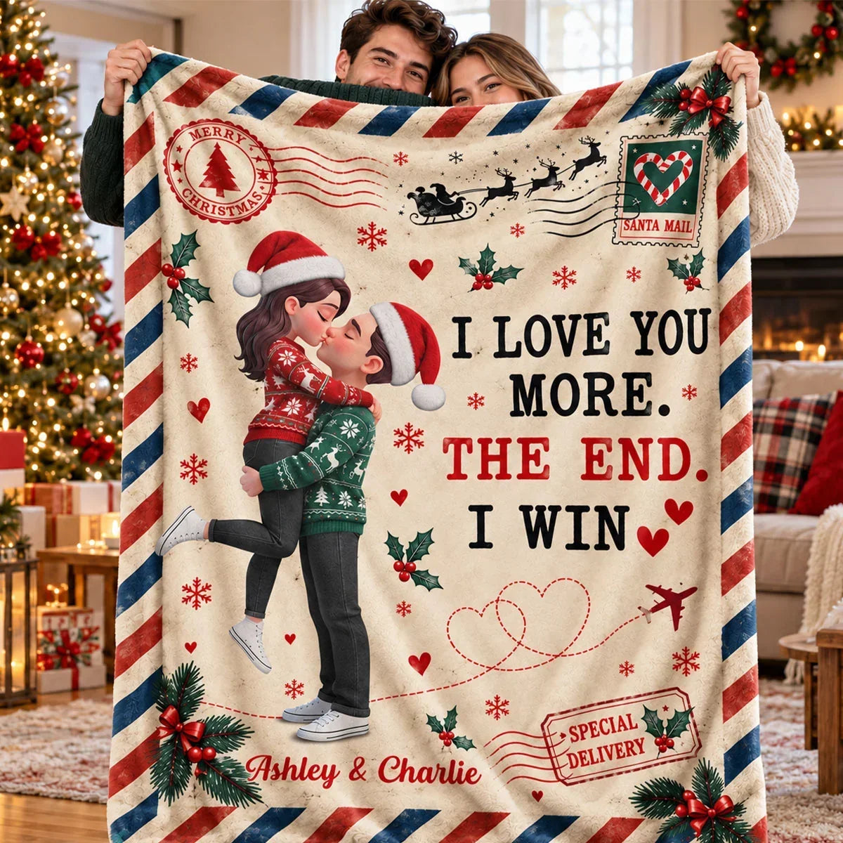 Average Custom Paging File Size Vintage Christmas Kissing Couple Personalized Fleece Blanket, Romantic ...