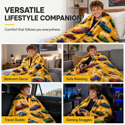 Customized sports car blanket with the child's name - a thoughtful customized gift to keep children warm at night