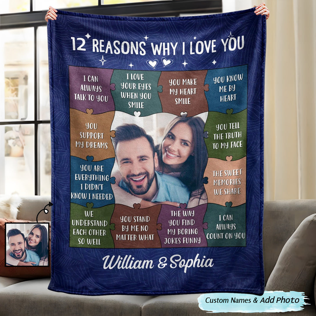 Heartfelt Personalized '12 Reasons Why I Love You' Photo Blanket