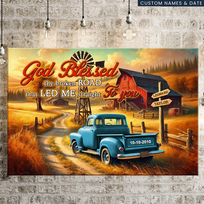 Personalized Couple Wall Art "God Blessed The Broken Road" - Custom Names Canvas Poster
