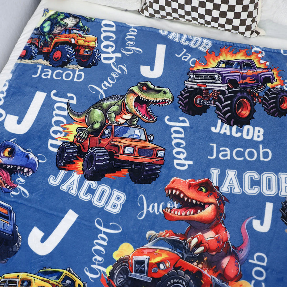 Little Roars, Big Adventures – Personalized Dinosaur & Monster Truck Blanket, Custom Name Gift for Kids