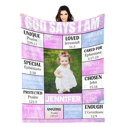 Personalized “God Says I Am” Photo Blanket - Perfect Family Gift