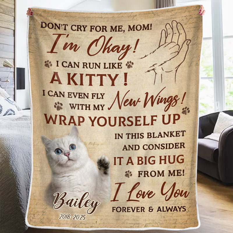 “Don’t Cry For Me, I’m Okay” Pet Memorial Blanket | Custom Photo & Name | Sympathy Gift for Pet Owners