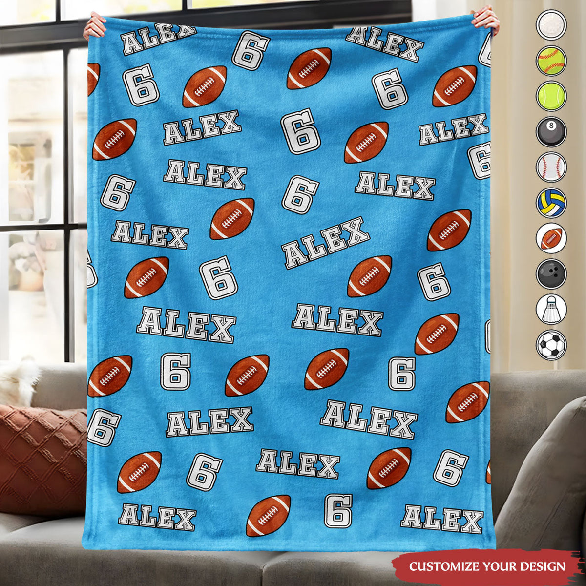 Colorful Multi-Sport Pattern Custom Throw Blanket - Personalized Blanket Featuring Baseball, Volleyball, Basketball
