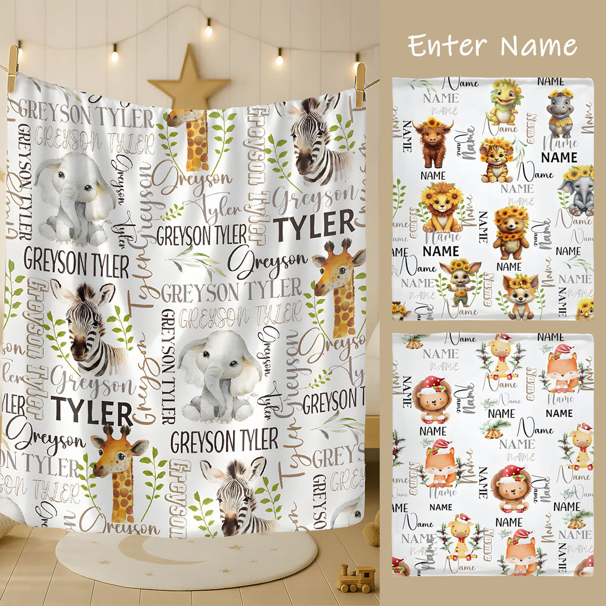 Little Explorers, Big Adventures Together – Personalized Safari Animal Blanket, Custom Names Gift for Kids