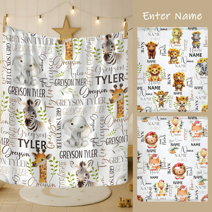 Little Explorers, Big Adventures Together – Personalized Safari Animal Blanket, Custom Names Gift for Kids