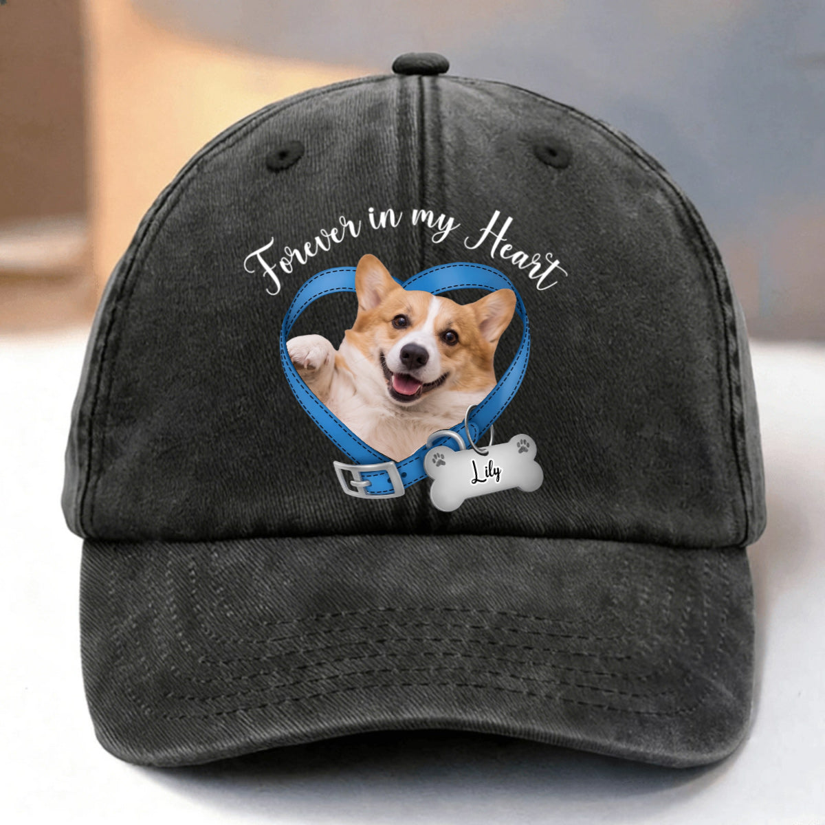 A Custom Cap Made to Remember a Beloved Dog — "Forever in My Heart" Personalized Photo Memorial Design, a Tribute You Can Wear Anywhere