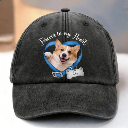 A Custom Cap Made to Remember a Beloved Dog — "Forever in My Heart" Personalized Photo Memorial Design, a Tribute You Can Wear Anywhere