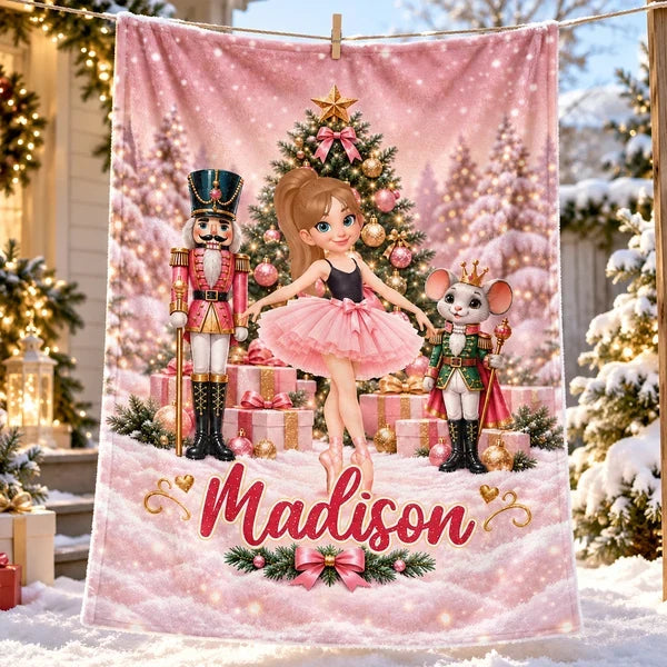 Personalized Pink Nutcracker Ballerina Fleece Blanket, Christmas Ballet Scene Design, Sweet Gift for Daughter