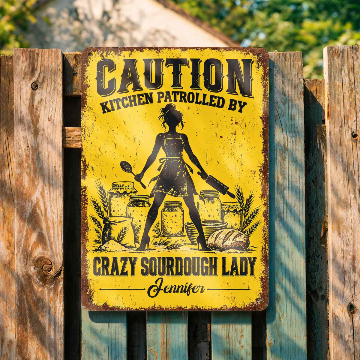 Caution Kitchen Patrolled By Crazy Sourdough Lady Baker With Wheat And Bread - Personalized Metal Sign - BAKE153_MSIGN