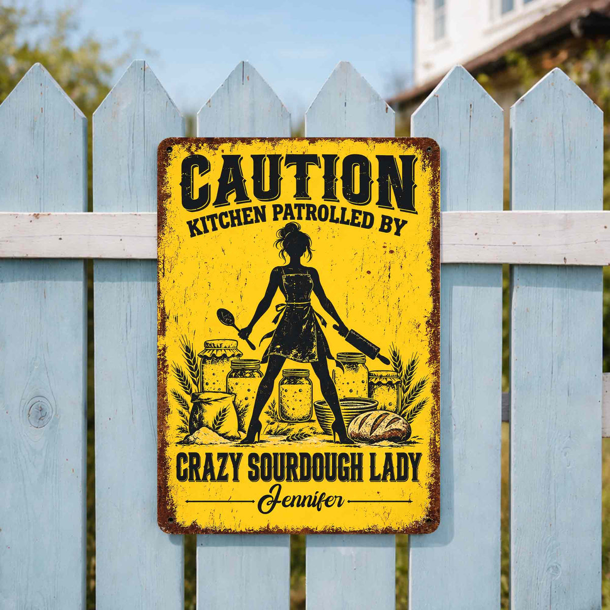 Caution Kitchen Patrolled By Crazy Sourdough Lady Baker With Wheat And Bread - Personalized Metal Sign - BAKE153_MSIGN