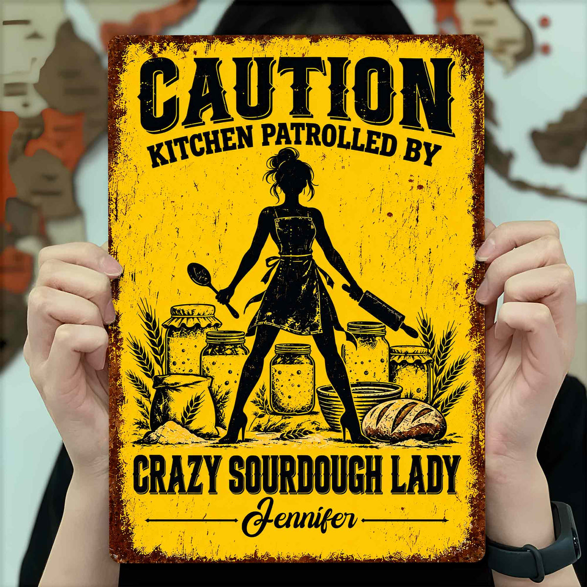 Caution Kitchen Patrolled By Crazy Sourdough Lady Baker With Wheat And Bread - Personalized Metal Sign - BAKE153_MSIGN