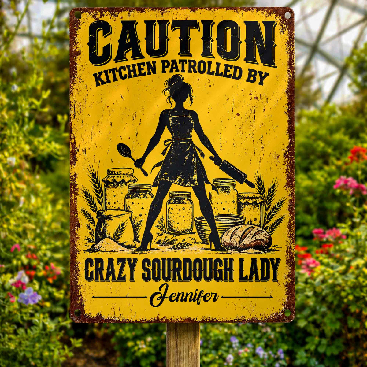 Caution Kitchen Patrolled By Crazy Sourdough Lady Baker With Wheat And Bread - Personalized Metal Sign - BAKE153_MSIGN