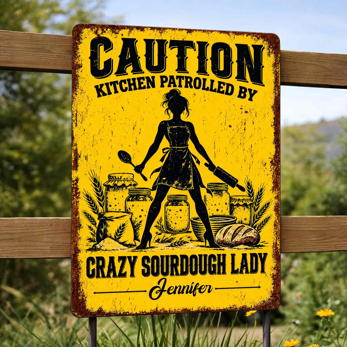 Caution Kitchen Patrolled By Crazy Sourdough Lady Baker With Wheat And Bread - Personalized Metal Sign - BAKE153_MSIGN