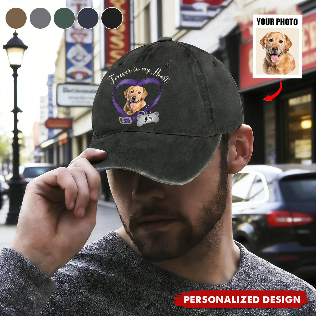 A Custom Cap Made to Remember a Beloved Dog — "Forever in My Heart" Personalized Photo Memorial Design, a Tribute You Can Wear Anywhere