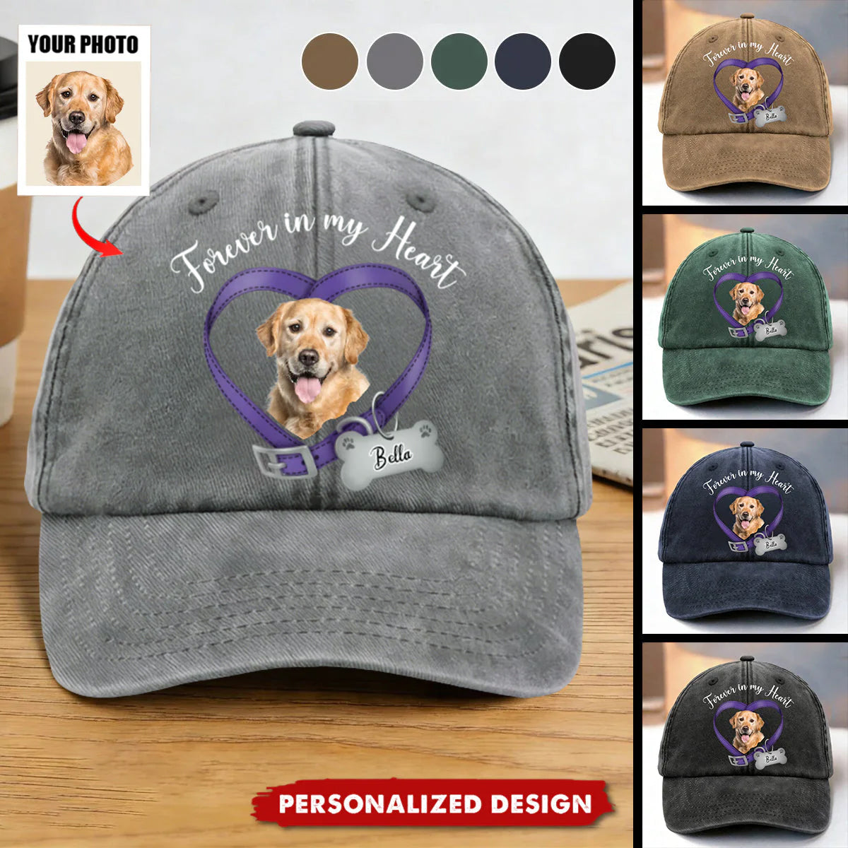 A Custom Cap Made to Remember a Beloved Dog — "Forever in My Heart" Personalized Photo Memorial Design, a Tribute You Can Wear Anywhere
