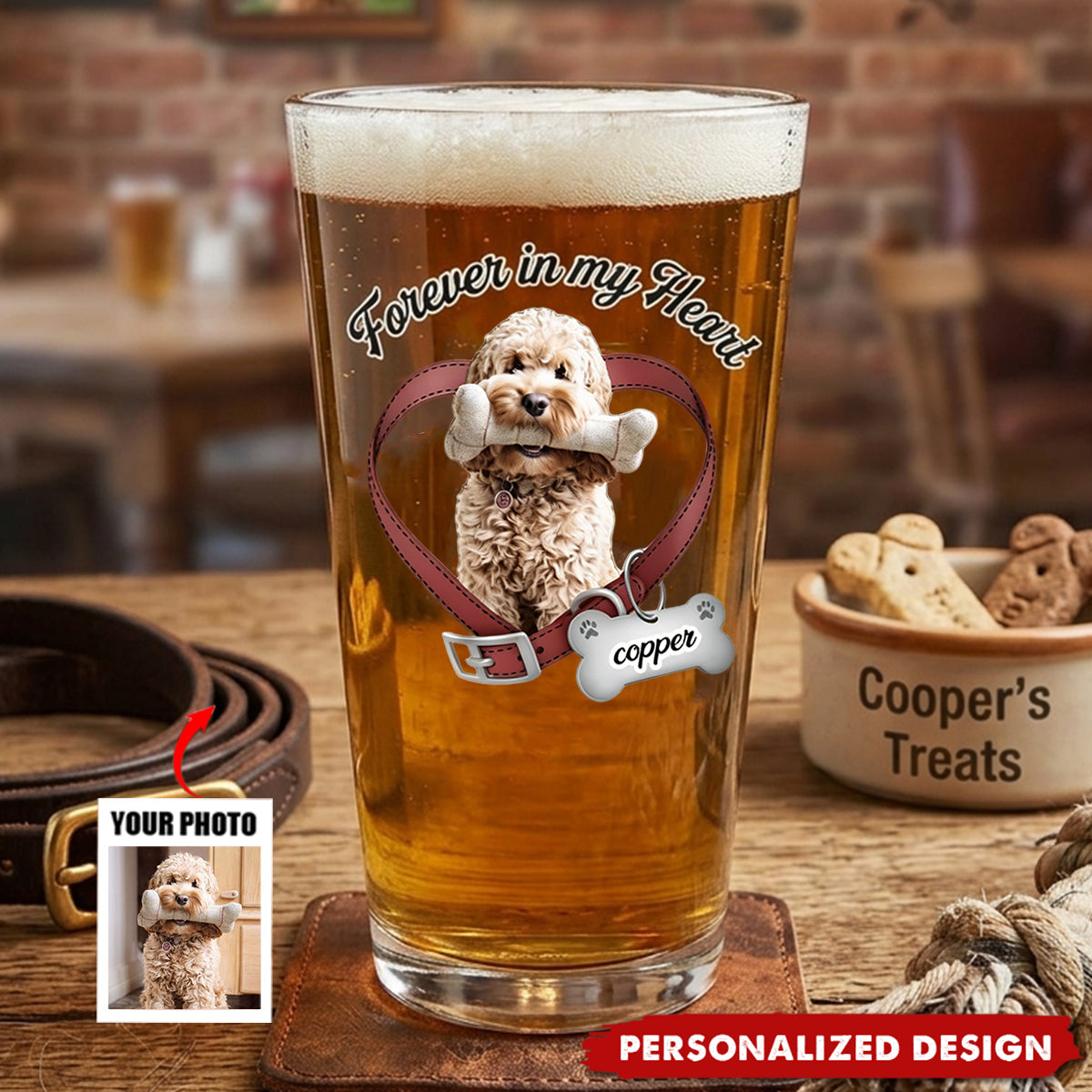 Forever in My Heart, Always by My Side – Personalized Dog Memorial Beer Glass, Custom Pet Name Keepsake