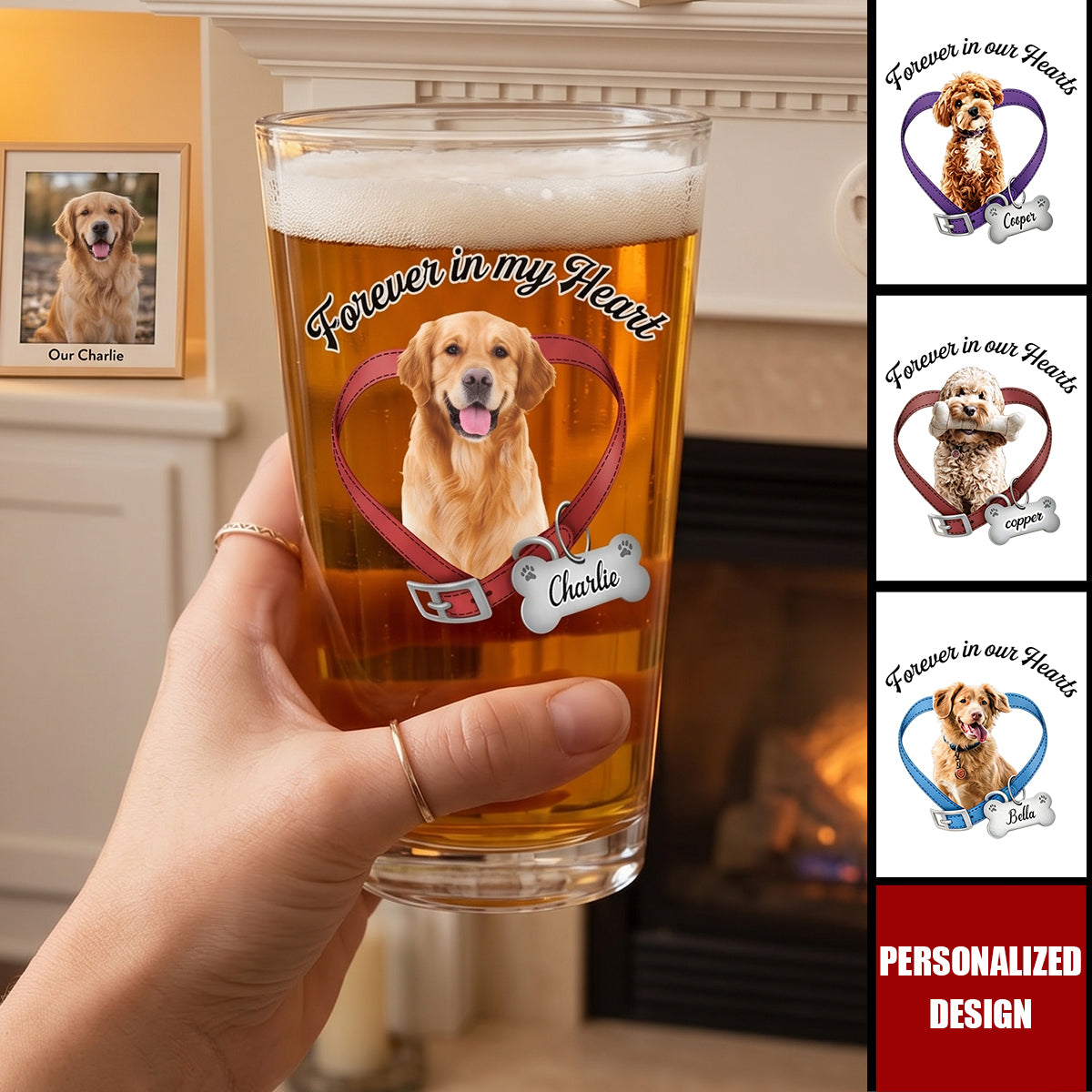 Forever in My Heart, Always by My Side – Personalized Dog Memorial Beer Glass, Custom Pet Name Keepsake