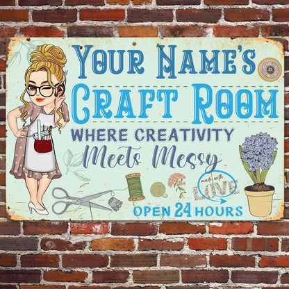 "Where Creativity Meets Messy Craft Room" Personalized Metal Sign - Custom Studio Wall Art Gift