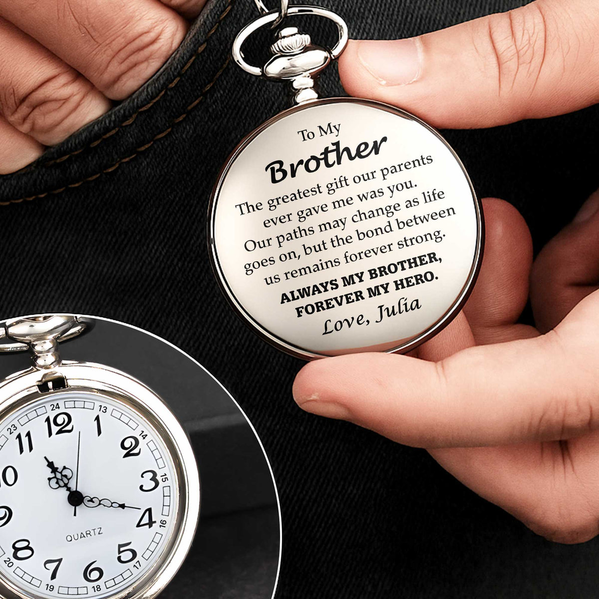 Personalized Pocket Watch for Brother, Custom Keepsake Gift with Meaningful Message