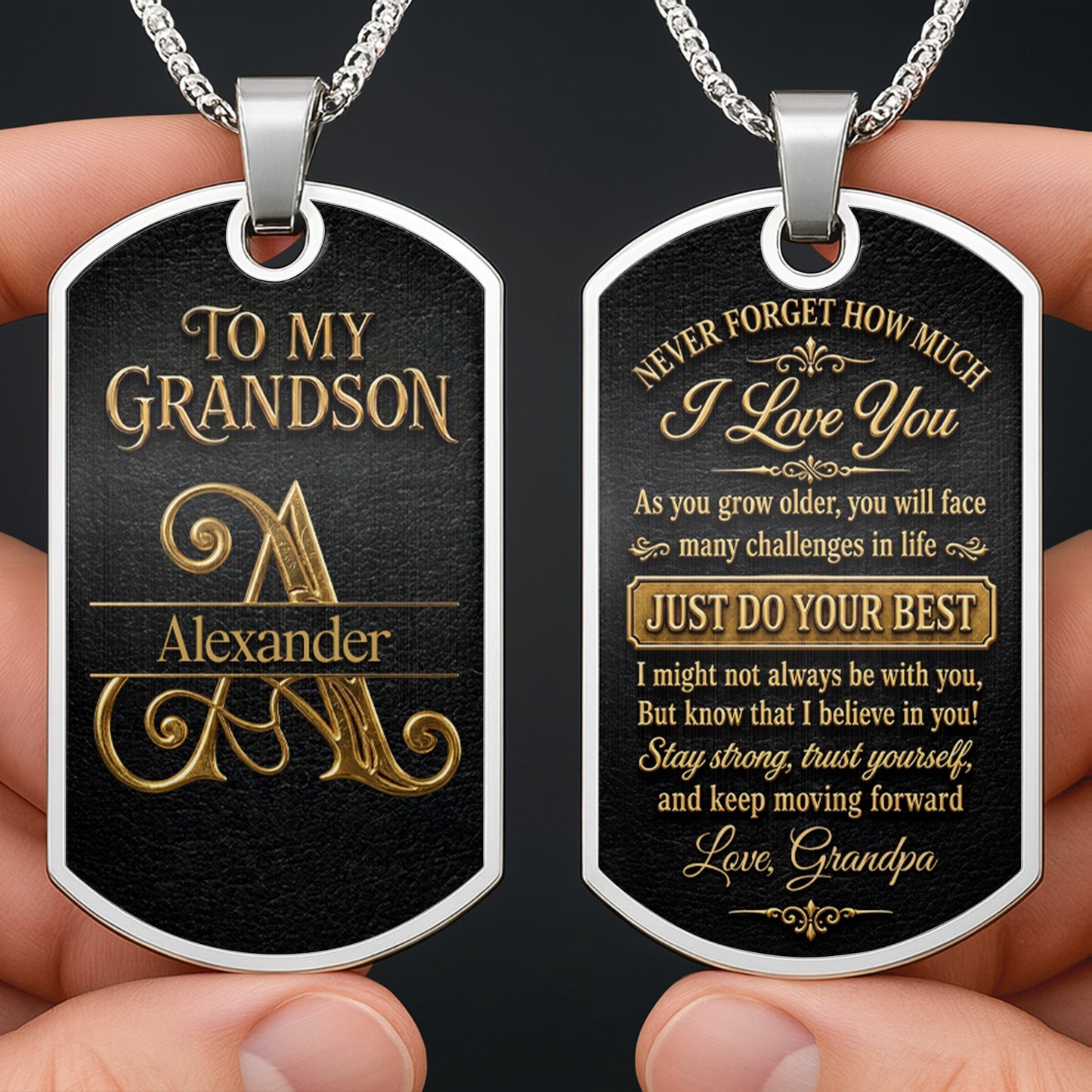 To My Grandson Never Forget How Much I Love You Golden Alphabet Letters - Personalized Custom Dog Tag Necklace - GSN092_DTNECK
