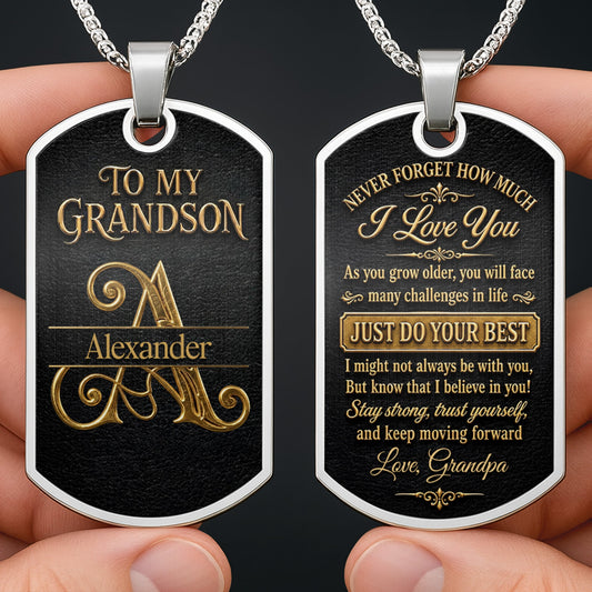 Personalized Dog Tag Necklace for Grandson, Custom “Never Forget” Love Message