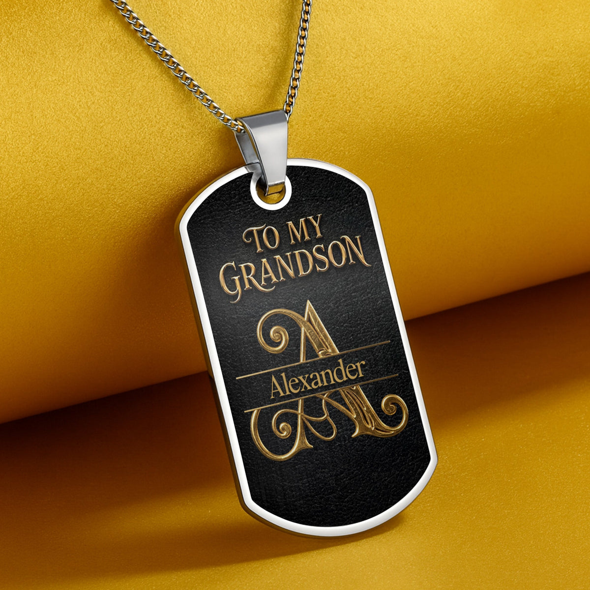To My Grandson Never Forget How Much I Love You Golden Alphabet Letters - Personalized Custom Dog Tag Necklace - GSN092_DTNECK