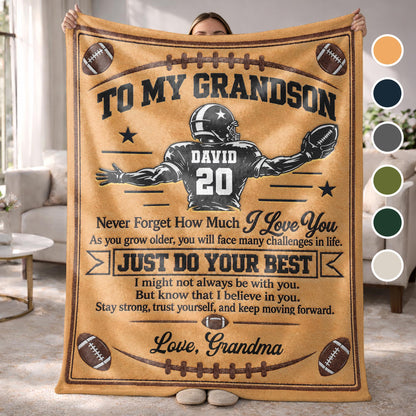 To My Grandson Never Forget How Much I Love You American Football Player - Personalized Custom Blanket - GSN178_BLK