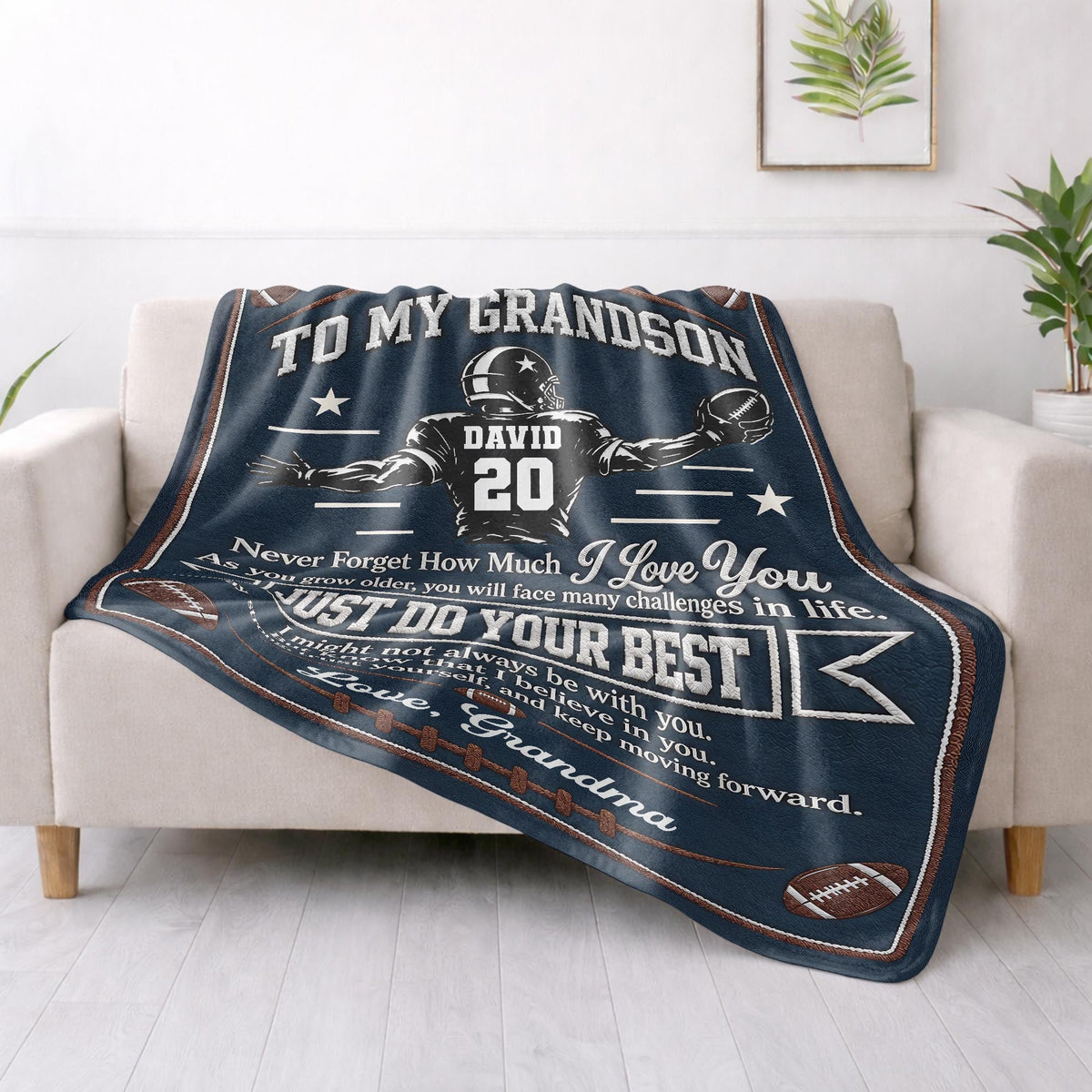 To My Grandson Never Forget How Much I Love You American Football Player - Personalized Custom Blanket - GSN178_BLK