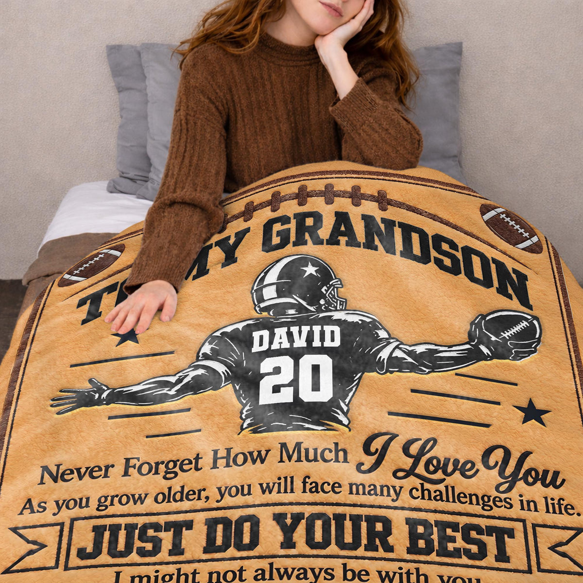 To My Grandson Never Forget How Much I Love You American Football Player - Personalized Custom Blanket - GSN178_BLK