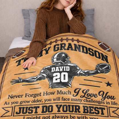 To My Grandson Never Forget How Much I Love You American Football Player - Personalized Custom Blanket - GSN178_BLK