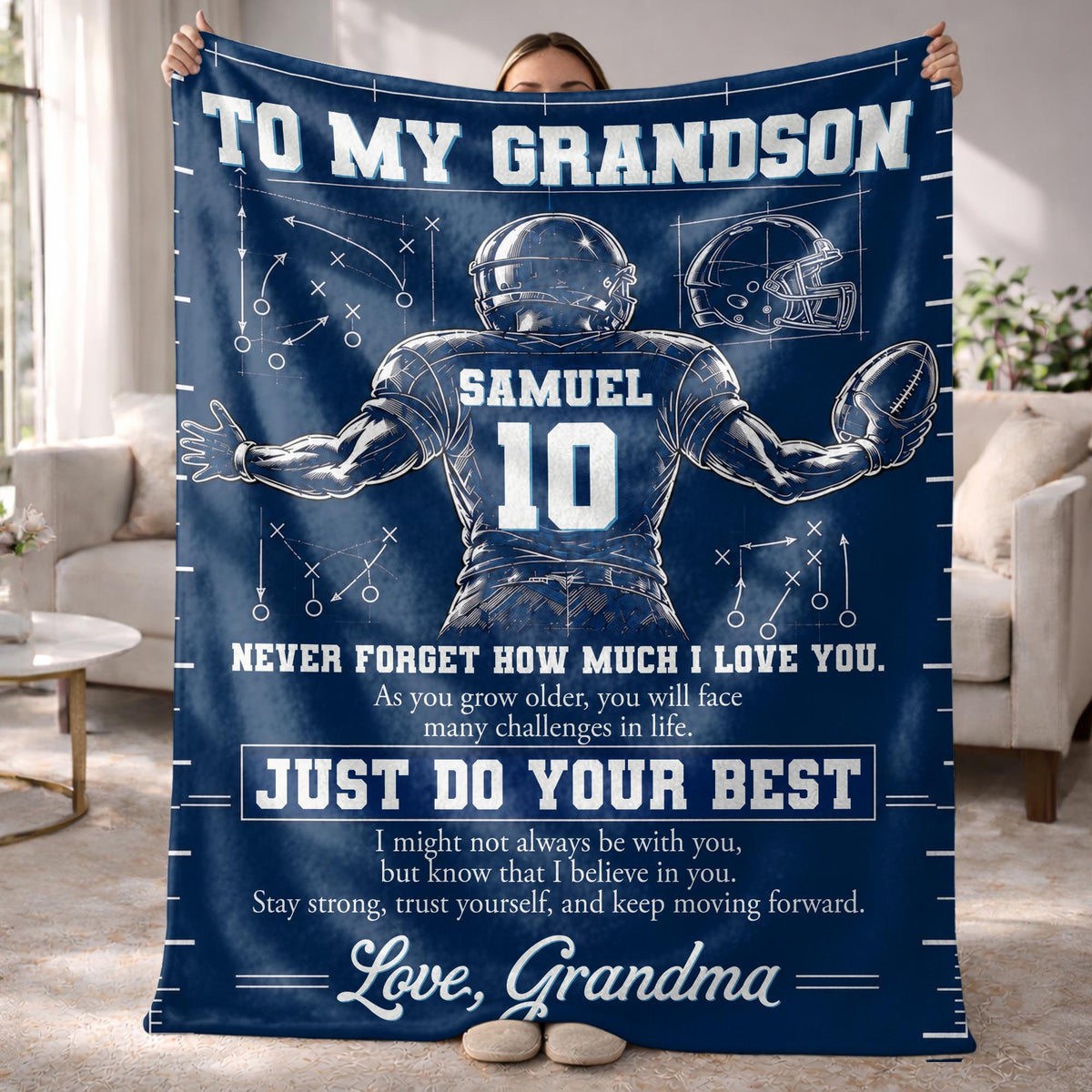 To My Grandson Never Forget Love You Football Player Helmet - Personalized Custom Blanket - GSN197_BLK