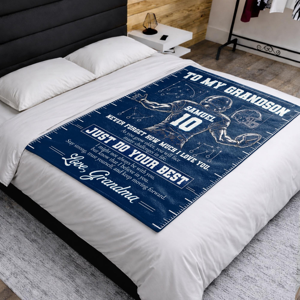 To My Grandson Never Forget Love You Football Player Helmet - Personalized Custom Blanket - GSN197_BLK