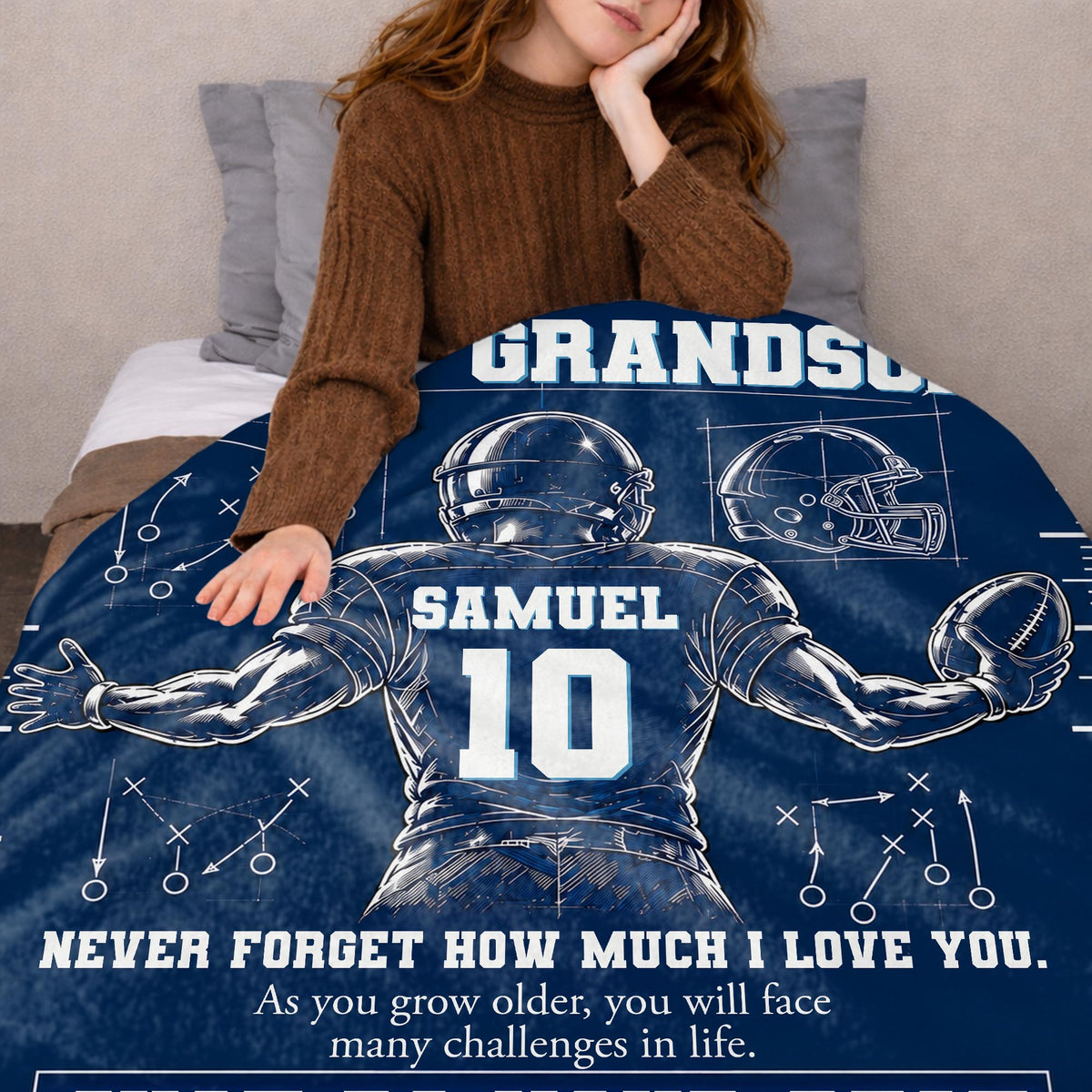 To My Grandson Never Forget Love You Football Player Helmet - Personalized Custom Blanket - GSN197_BLK